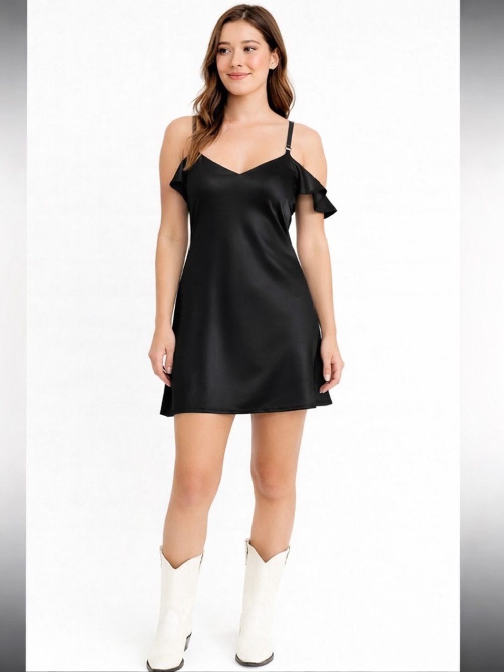 Free People Black Satin Slip Dress Off Shoulder Mini NWT Medium Party Vaca
